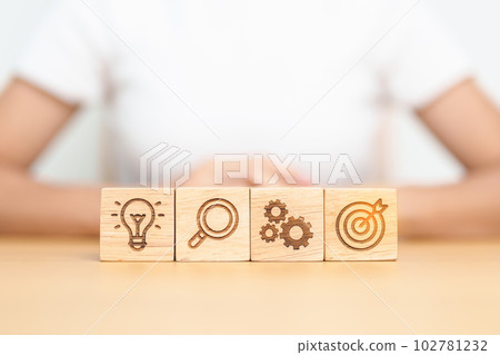 dartboard, Gear, magnifying and Lightbulb icon block on table. business planning process, goal, strategy, target, mission, action, research, teamwork and idea concept dartboard, Gear, magnifying and Lightbulb icon block on table. business planning process, goal, strategy, target, mission, action, research, teamwork and idea concept 102781232