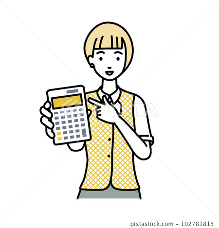 一位身穿文員制服的女士站著指著計算器 一位身穿文員制服的女士站著指著計算器 102781813