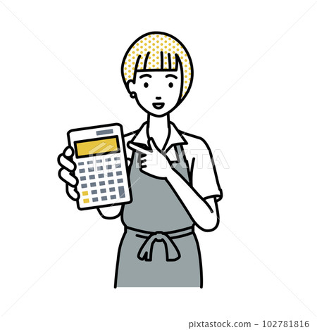 一位穿著圍裙的女職員站著指著計算器 一位穿著圍裙的女職員站著指著計算器 102781816