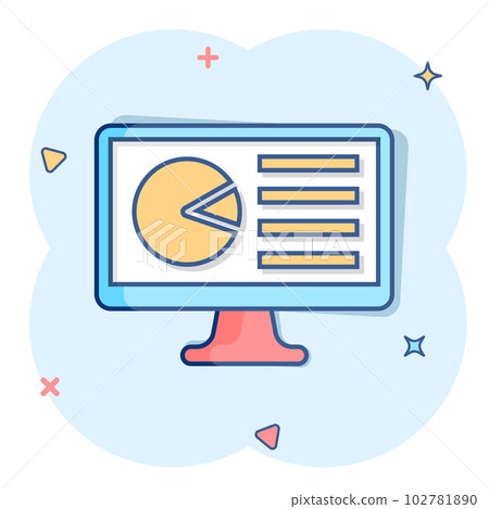 Analytic monitor icon in comic style. Diagram vector cartoon illustration on white isolated background. Statistic business concept splash effect. Analytic monitor icon in comic style. Diagram vector cartoon illustration on white isolated background. Statistic business concept splash effect. 102781890