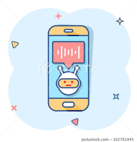 Voice assistant on smartphone icon in comic style. Sound record vector cartoon illustration on white isolated background. Chat recognition business concept splash effect. 102781945