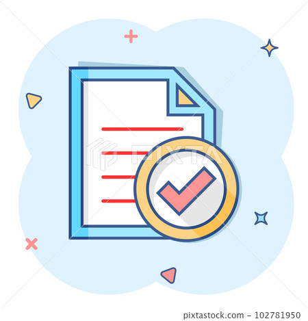 Compliance document icon in comic style. Approved process vector cartoon illustration on white isolated background. Checkmark business concept splash effect. 102781950