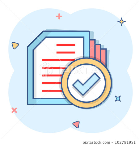 Compliance document icon in comic style. Approved process vector cartoon illustration on white isolated background. Checkmark business concept splash effect. 102781951