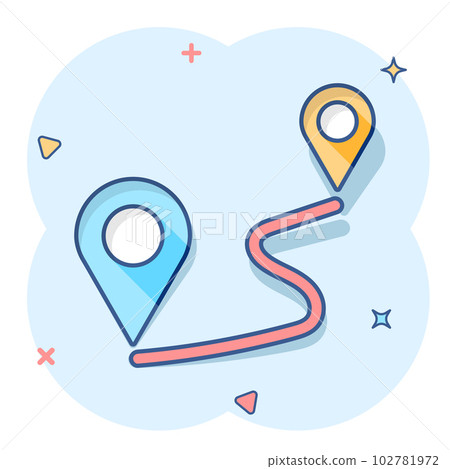 Distance pin icon in comic style. Gps navigation vector cartoon illustration on white isolated background. Communication travel business concept splash effect. 102781972