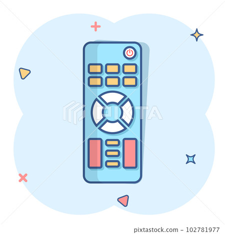 Remote control icon in comic style. Infrared controller vector cartoon illustration on white isolated background. Tv keypad business concept splash effect. Remote control icon in comic style. Infrared controller vector cartoon illustration on white isolated background. Tv keypad business concept splash effect. 102781977