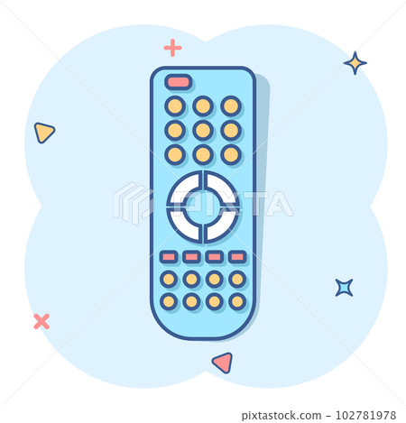 Remote control icon in comic style. Infrared controller vector cartoon illustration on white isolated background. Tv keypad business concept splash effect. Remote control icon in comic style. Infrared controller vector cartoon illustration on white isolated background. Tv keypad business concept splash effect. 102781978