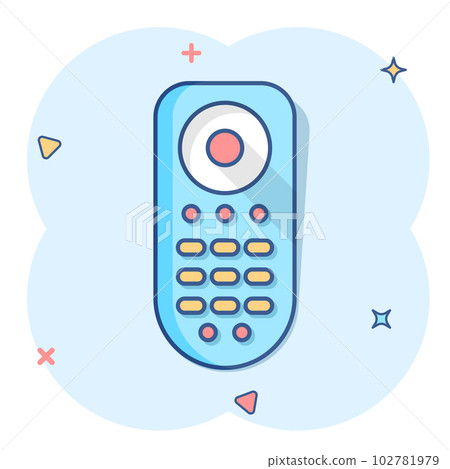 Remote control icon in comic style. Infrared controller vector cartoon illustration on white isolated background. Tv keypad business concept splash effect. Remote control icon in comic style. Infrared controller vector cartoon illustration on white isolated background. Tv keypad business concept splash effect. 102781979