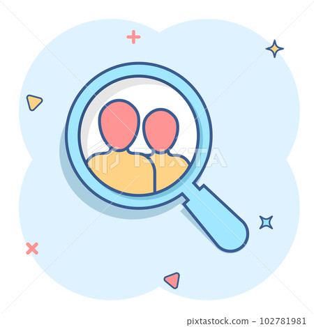Search job vacancy icon in comic style. Loupe career vector cartoon illustration on white isolated background. Find vacancy business concept splash effect. Search job vacancy icon in comic style. Loupe career vector cartoon illustration on white isolated background. Find vacancy business concept splash effect. 102781981