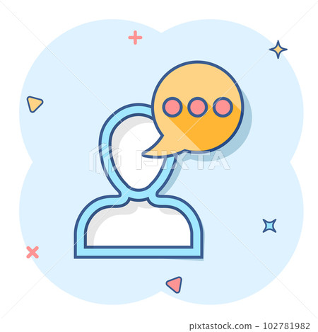 Man head mind thinking icon in comic style. Speech bubble with people vector cartoon illustration on white isolated background. Contemplating dialog business concept splash effect. Man head mind thinking icon in comic style. Speech bubble with people vector cartoon illustration on white isolated background. Contemplating dialog business concept splash effect. 102781982
