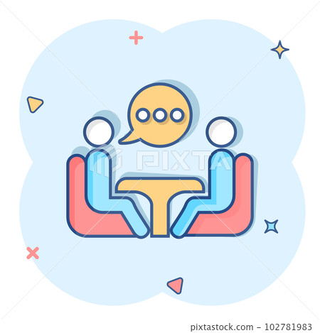 Business consulting icon in comic style. Two people with table vector cartoon illustration on white isolated background. Restaurant dialog business concept splash effect. Business consulting icon in comic style. Two people with table vector cartoon illustration on white isolated background. Restaurant dialog business concept splash effect. 102781983