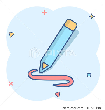 Pencil notepad icon in comic style. Document write vector cartoon illustration on white isolated background. Pen drawing business concept splash effect. Pencil notepad icon in comic style. Document write vector cartoon illustration on white isolated background. Pen drawing business concept splash effect. 102781986