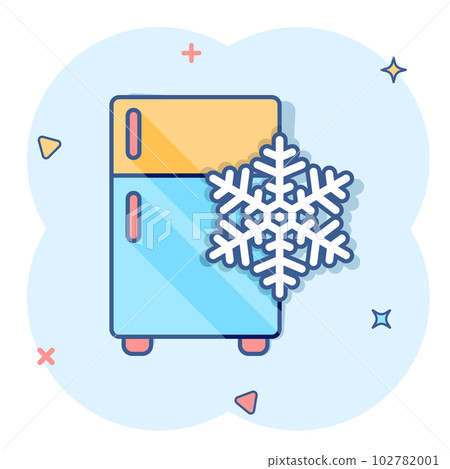 Fridge refrigerator icon in comic style. Freezer container vector cartoon illustration pictogram. Fridge business concept splash effect. Fridge refrigerator icon in comic style. Freezer container vector cartoon illustration pictogram. Fridge business concept splash effect. 102782001