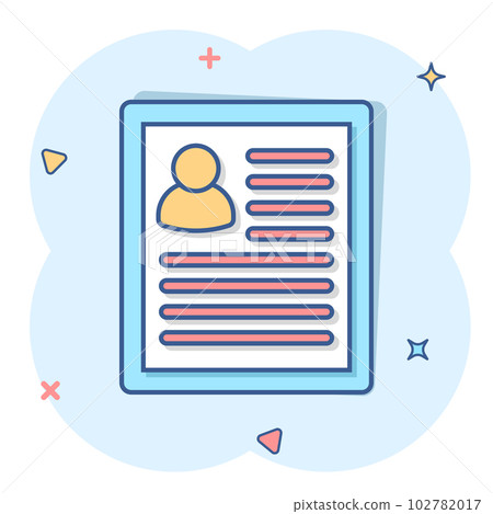 Resume icon in comic style. Contract document vector cartoon illustration pictogram. Resume business concept splash effect. 102782017