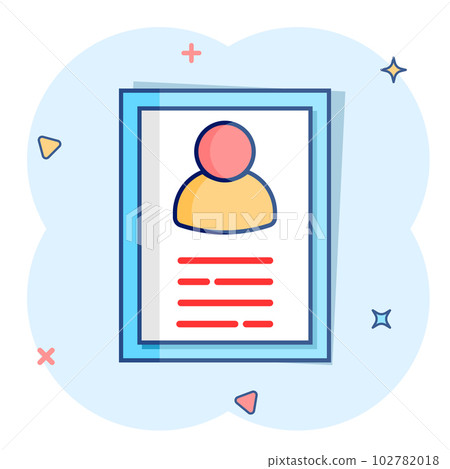 Resume icon in comic style. Contract document vector cartoon illustration pictogram. Resume business concept splash effect. 102782018