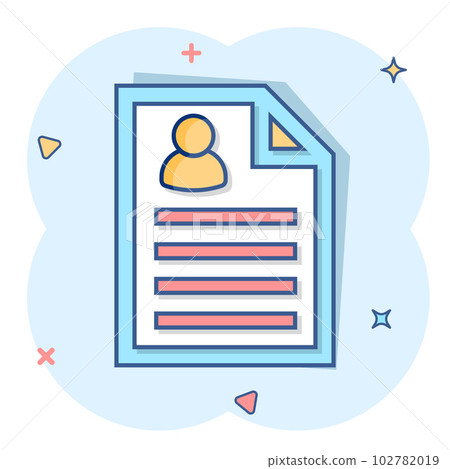 Resume icon in comic style. Contract document vector cartoon illustration pictogram. Resume business concept splash effect. 102782019