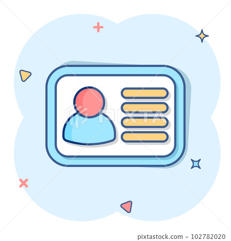 Id card icon in comic style. Identity badge vector cartoon illustration pictogram. Access cardholder people business concept splash effect. 102782020