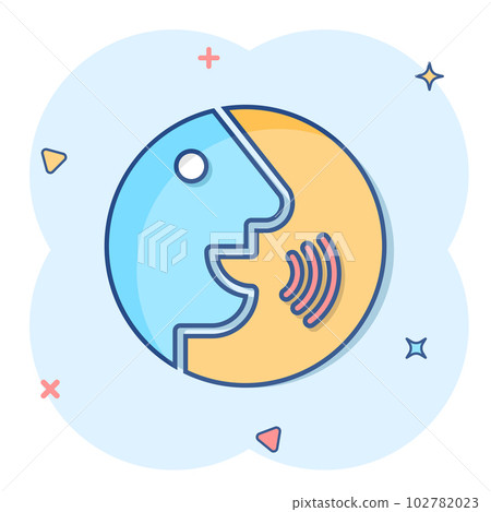 Voice command with sound waves icon in comic style. Speak control vector cartoon illustration pictogram. Speaker people business concept splash effect. 102782023