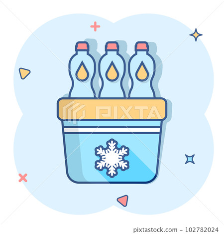 Fridge refrigerator icon in comic style. Freezer container vector cartoon illustration pictogram. Water bottle business concept splash effect. 102782024