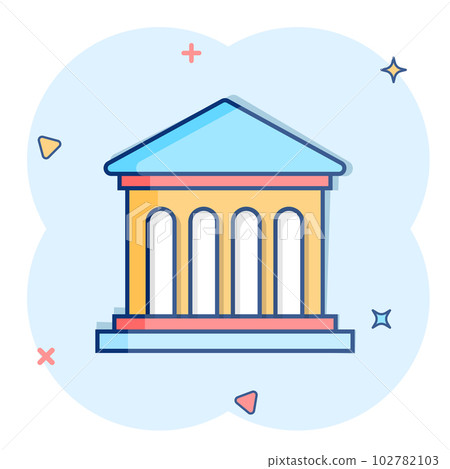 Bank building icon in comic style. Government architecture vector cartoon illustration pictogram. Museum exterior business concept splash effect. Bank building icon in comic style. Government architecture vector cartoon illustration pictogram. Museum exterior business concept splash effect. 102782103