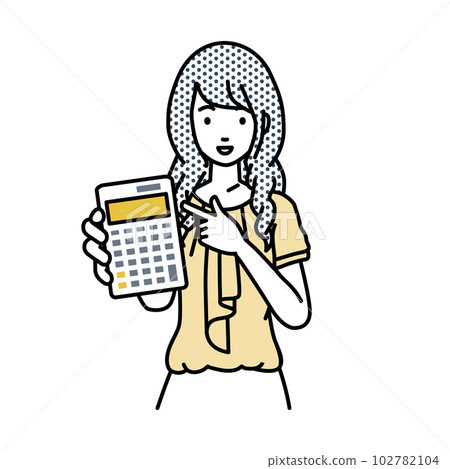 A casual office woman standing and pointing at a calculator A casual office woman standing and pointing at a calculator 102782104