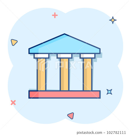 Bank building icon in comic style. Government architecture vector cartoon illustration pictogram. Museum exterior business concept splash effect. Bank building icon in comic style. Government architecture vector cartoon illustration pictogram. Museum exterior business concept splash effect. 102782111