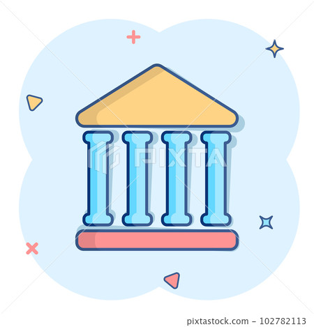 Bank building icon in comic style. Government architecture vector cartoon illustration pictogram. Museum exterior business concept splash effect. Bank building icon in comic style. Government architecture vector cartoon illustration pictogram. Museum exterior business concept splash effect. 102782113