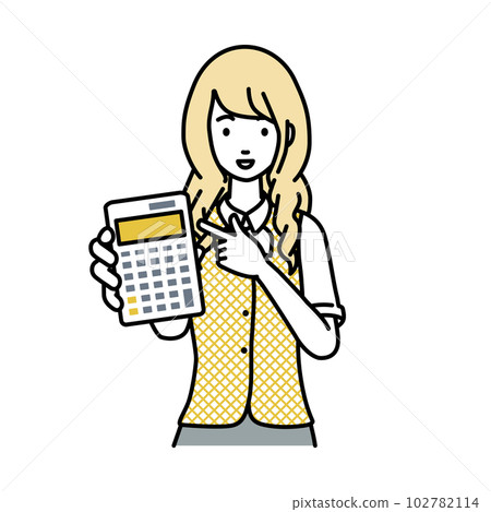 A woman in a clerk uniform standing and pointing at a calculator A woman in a clerk uniform standing and pointing at a calculator 102782114
