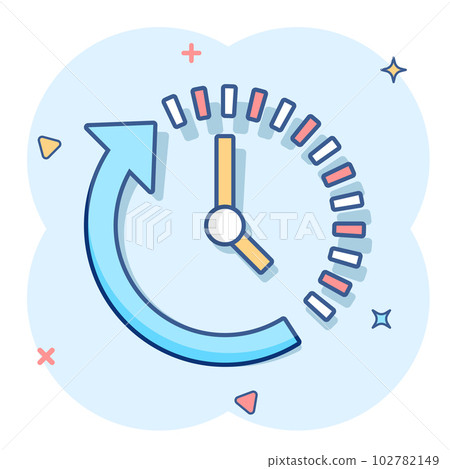 Clock countdown icon in comic style. Time chronometer vector cartoon illustration pictogram. Clock business concept splash effect. 102782149