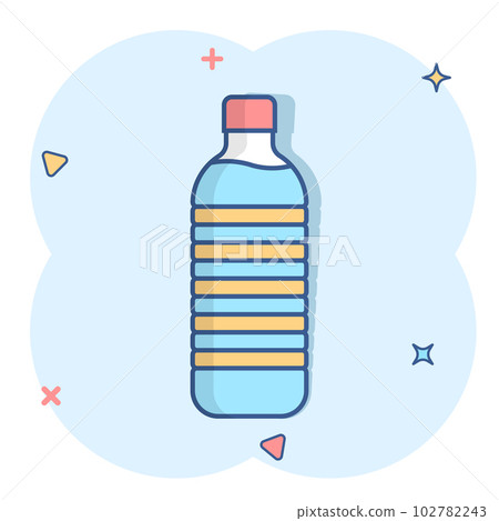 Water bottle icon in comic style. Plastic soda bottle vector cartoon illustration pictogram. Liquid water business concept splash effect. 102782243