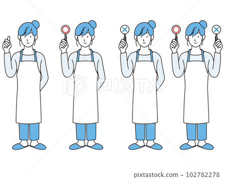 A housewife wearing an apron line drawing illustration set 102782278