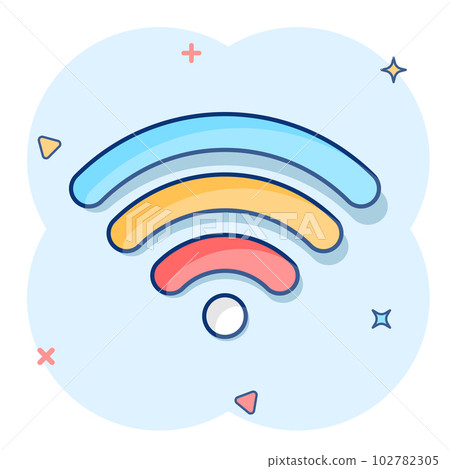 Wifi internet icon in comic style. Wi-fi wireless technology vector cartoon illustration pictogram. Network wifi business concept splash effect. Wifi internet icon in comic style. Wi-fi wireless technology vector cartoon illustration pictogram. Network wifi business concept splash effect. 102782305