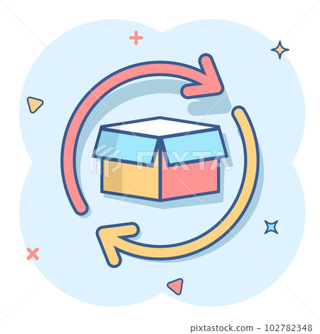 Vector cartoon box package return icon in comic style. Delivery box with arrow concept illustration pictogram. Cargo shipping business splash effect concept. 102782348