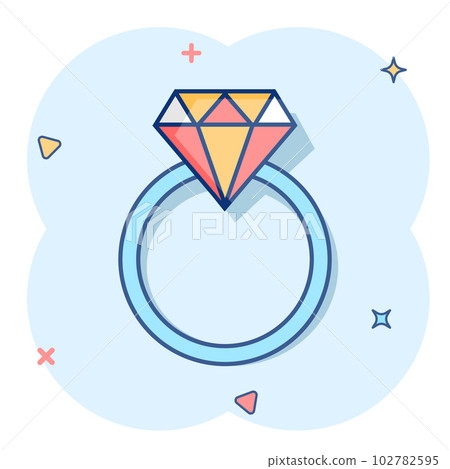 Vector cartoon engagement ring with diamond icon in comic style. Wedding jewelery ring illustration pictogram. Romance relationship business splash effect concept. 102782595