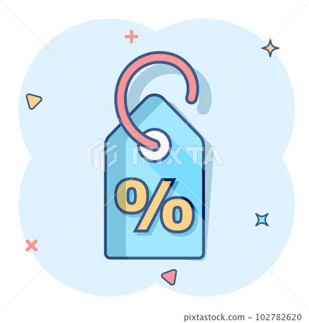 Vector cartoon discount percent tag icon in comic style. Price sale concept illustration pictogram. Promotion coupon business splash effect concept. Vector cartoon discount percent tag icon in comic style. Price sale concept illustration pictogram. Promotion coupon business splash effect concept. 102782620