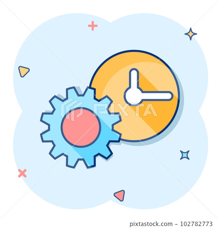 Vector cartoon clock icon in comic style. Project management sign illustration pictogram. Timer with gear business splash effect concept. 102782773