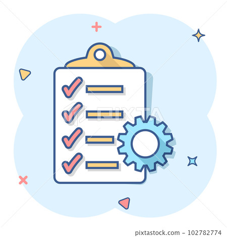Vector cartoon document icon in comic style. Project management sign illustration pictogram. To do list with gear business splash effect concept. Vector cartoon document icon in comic style. Project management sign illustration pictogram. To do list with gear business splash effect concept. 102782774