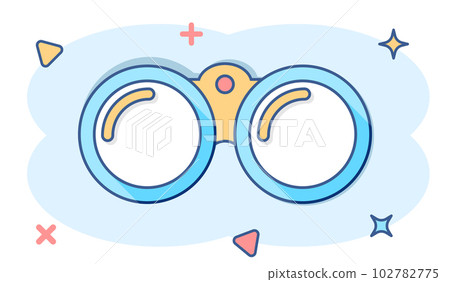 Vector cartoon binocular icon in comic style. Binoculars explore sign illustration pictogram. Binocular business splash effect concept. 102782775