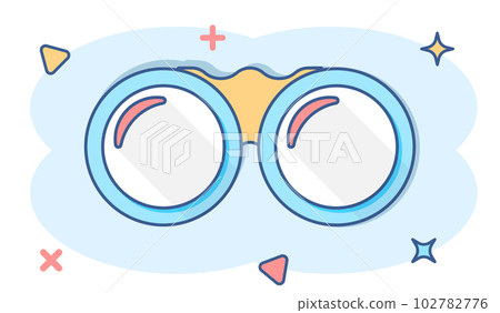 Vector cartoon binocular icon in comic style. Binoculars explore sign illustration pictogram. Binocular business splash effect concept. 102782776
