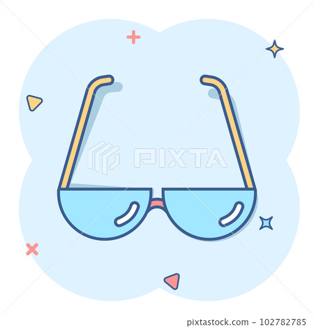 Vector cartoon sunglasses icon in comic style. Eyewear sign illustration pictogram. Sunglasses business splash effect concept. Vector cartoon sunglasses icon in comic style. Eyewear sign illustration pictogram. Sunglasses business splash effect concept. 102782785
