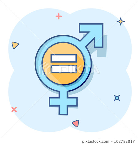 Vector cartoon gender equal icon in comic style. Men and women sign illustration pictogram. Sex business splash effect concept. Vector cartoon gender equal icon in comic style. Men and women sign illustration pictogram. Sex business splash effect concept. 102782817