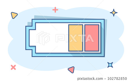 Vector cartoon battery charge level indicator sign icon in comic style. Battery sign illustration pictogram. Accumulator business splash effect concept. 102782850