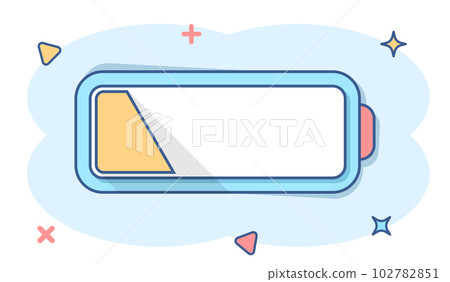 Vector cartoon battery charge level indicator sign icon in comic style. Battery sign illustration pictogram. Accumulator business splash effect concept. Vector cartoon battery charge level indicator sign icon in comic style. Battery sign illustration pictogram. Accumulator business splash effect concept. 102782851