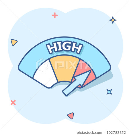 Cartoon colored high level icon in comic style. Speedometer, tachometer illustration pictogram. High level sign splash business concept. Cartoon colored high level icon in comic style. Speedometer, tachometer illustration pictogram. High level sign splash business concept. 102782852