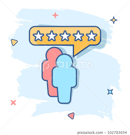 Vector cartoon customer reviews, user feedback icon in comic style. Rating sign illustration pictogram. Stars rating business splash effect concept. 102783034