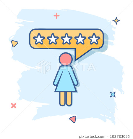 Vector cartoon customer reviews, user feedback icon in comic style. Rating sign illustration pictogram. Stars rating business splash effect concept. 102783035