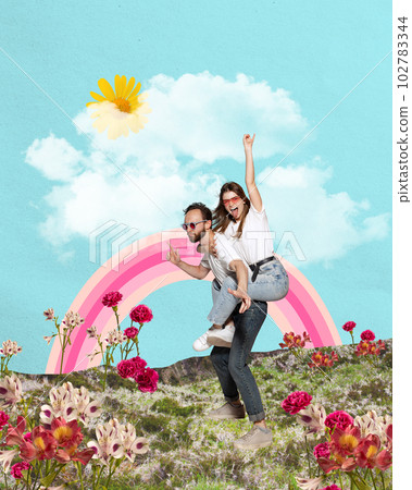 Happy loving couple, man and woman on flowers died on warm sunny day. Dating. Romance and vacation. Contemporary art collage. Happy loving couple, man and woman on flowers died on warm sunny day. Dating. Romance and vacation. Contemporary art collage. 102783344