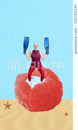Happy, smiling, positive woman standing in berry pool in swimming suit on beach. Summertime vacation. Contemporary art collage. Happy, smiling, positive woman standing in berry pool in swimming suit on beach. Summertime vacation. Contemporary art collage. 102783347