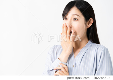 Surprised young woman raising her hand Lifestyle image 102783408