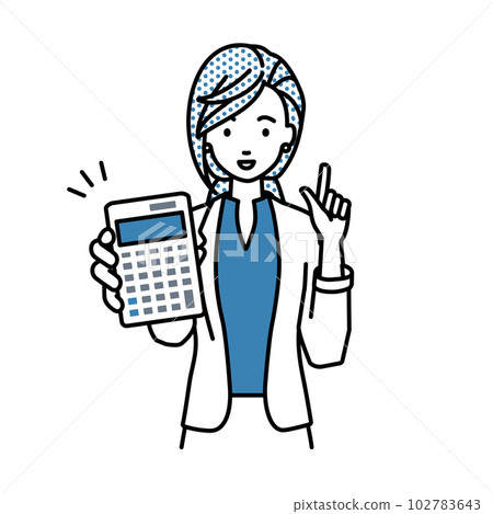 A woman in a jacket standing and holding a calculator and showing it to us 102783643