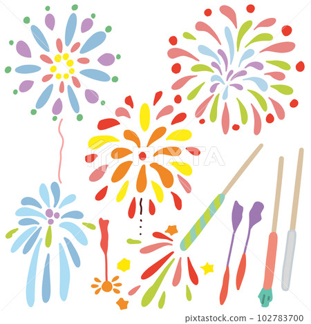 Illustration set of colorful fireworks and handheld fireworks 102783700
